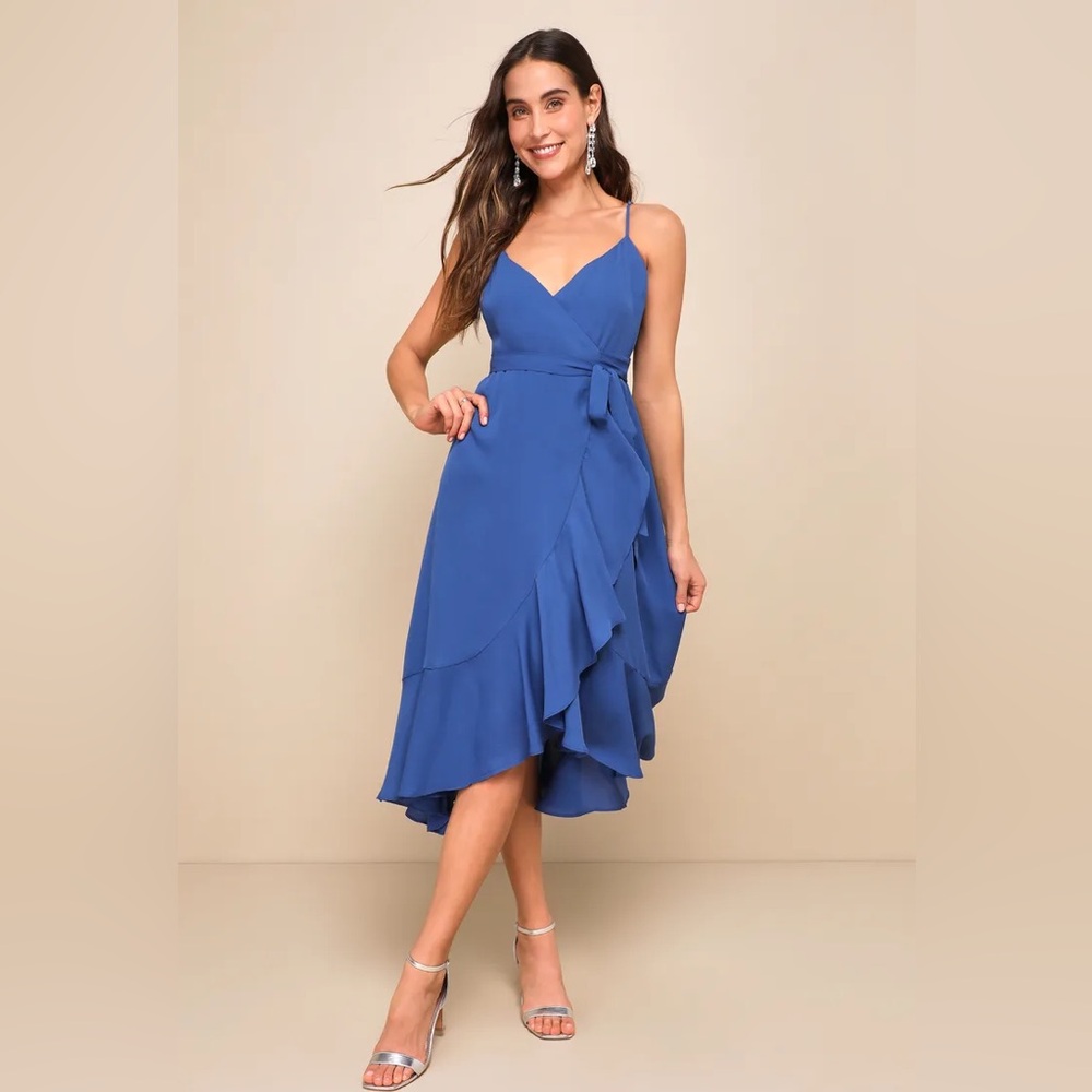 Lulus Manhattan Moment Midi Wrap Ruffled Dress
